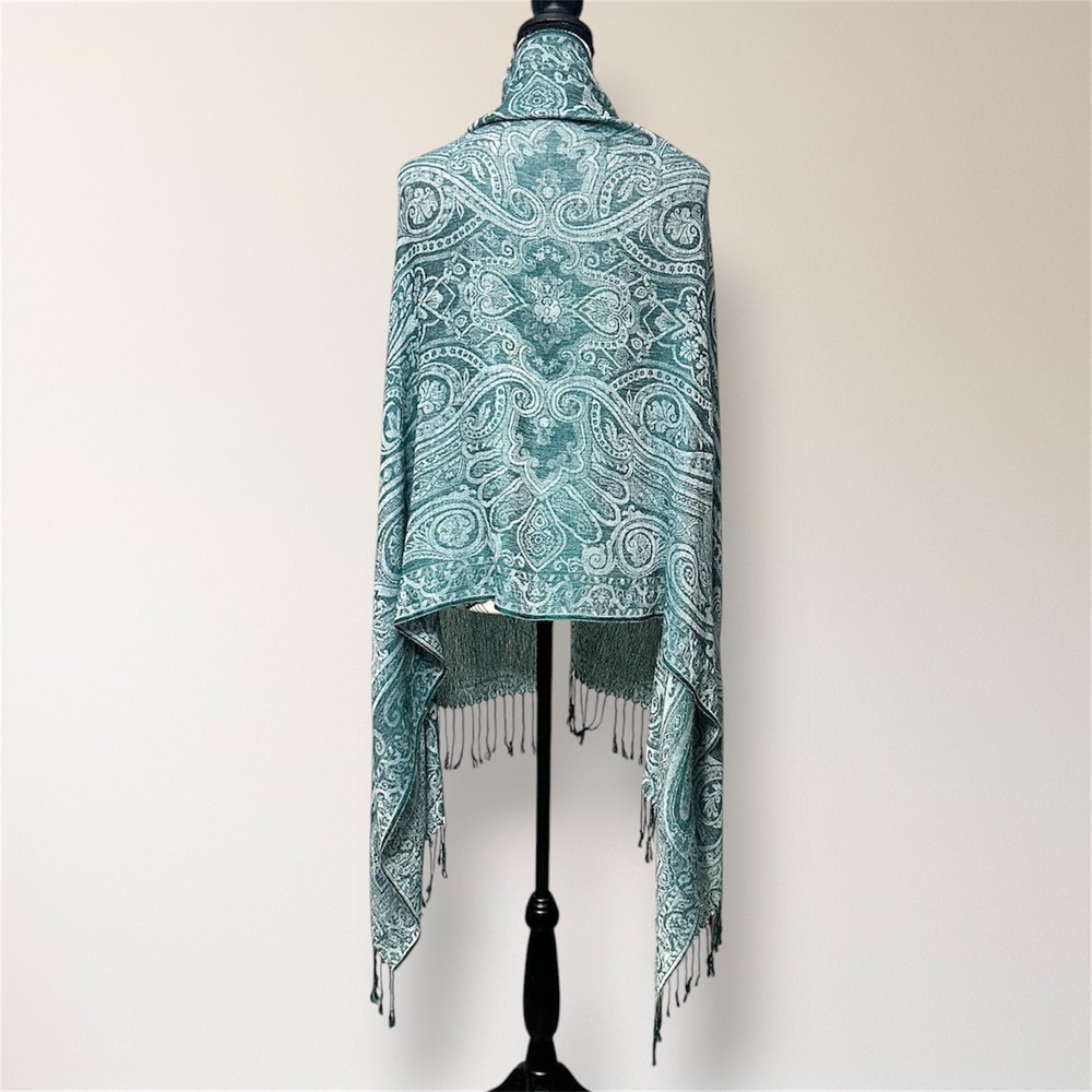 Pashmina Silk Teal Thread Paisley Shawl Wrap Scarf Fringe Boho Travel - Picture 5 of 11